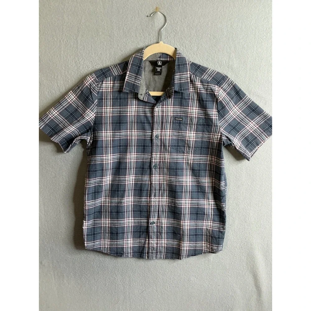 Volcom Button Up Kids Extra Large 15Y Plaid Shirt Short Sleeve Casual‎